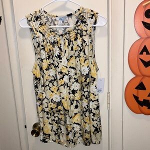Croft & Barrow Floral Sleeveless Top in Black and Yellow Keyhole Front M New